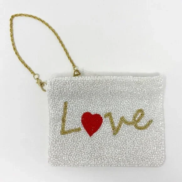 Love Heart Beaded Zip Pouch Gold Chain Handle - Picture 1 of 7